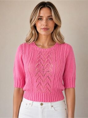Handmade Pink Knit Sweater Short Sleeve Cropped Pullover Small